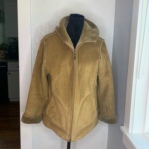 Aeros faux suede fur lined hooded zip up coat jacket long sleeve pockets vintage